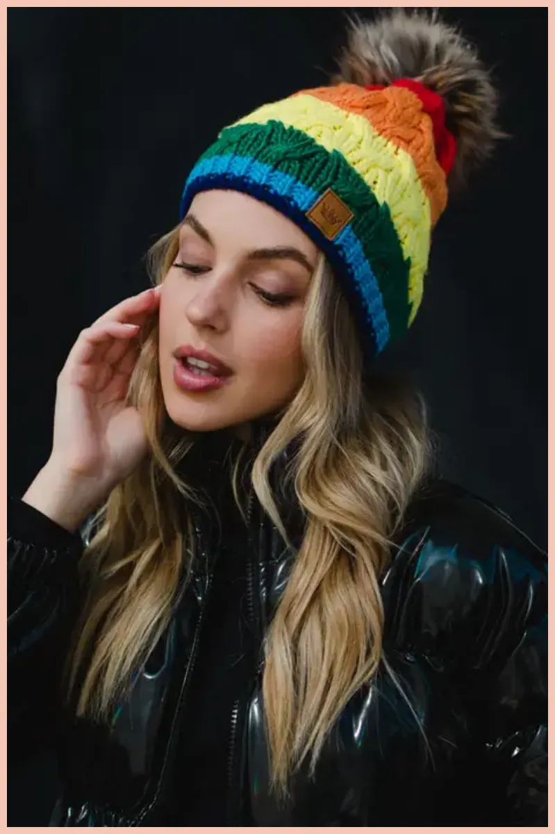 Classic Rainbow Stripe Pom Beanie