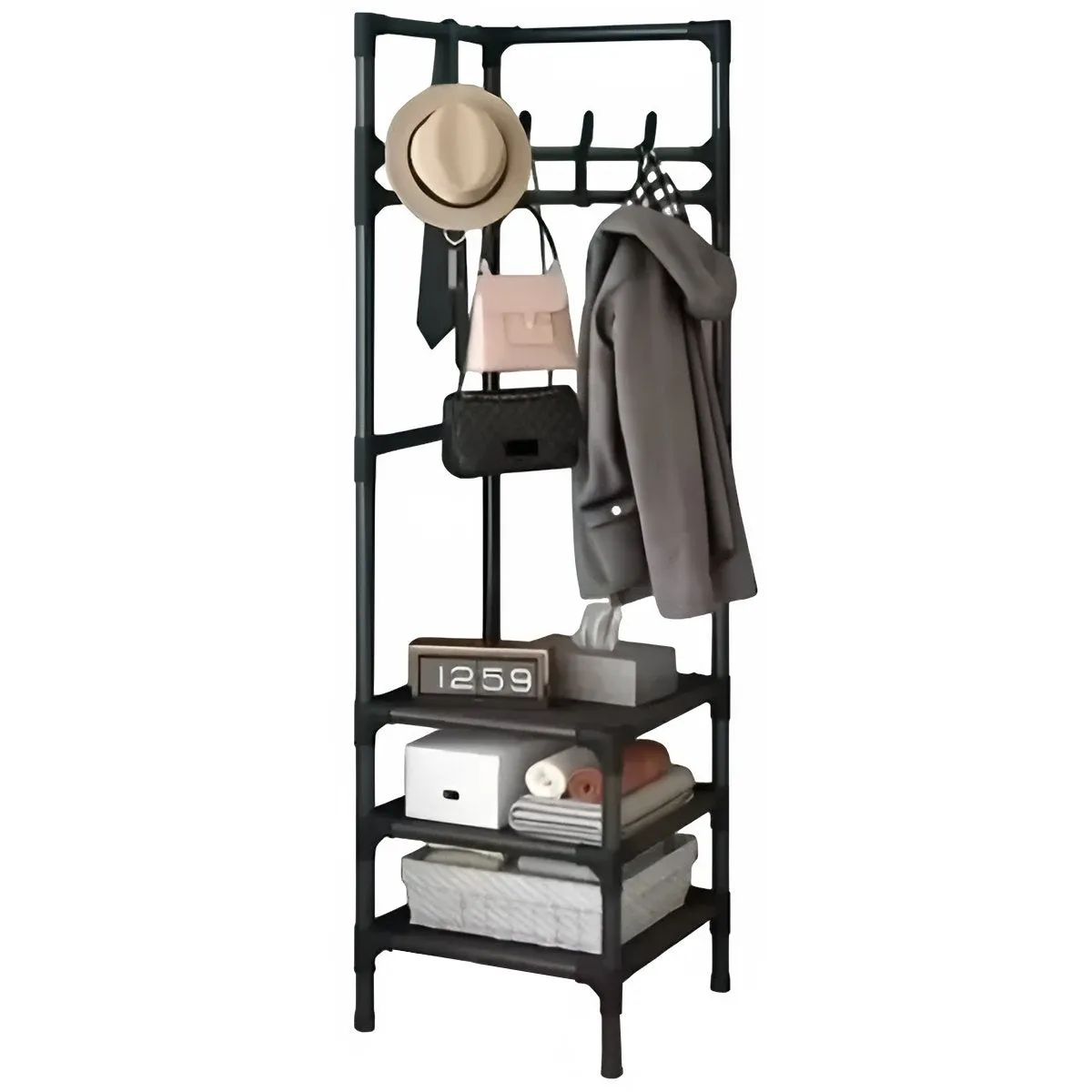 Coat Rack Stand with Hooks and Shelves