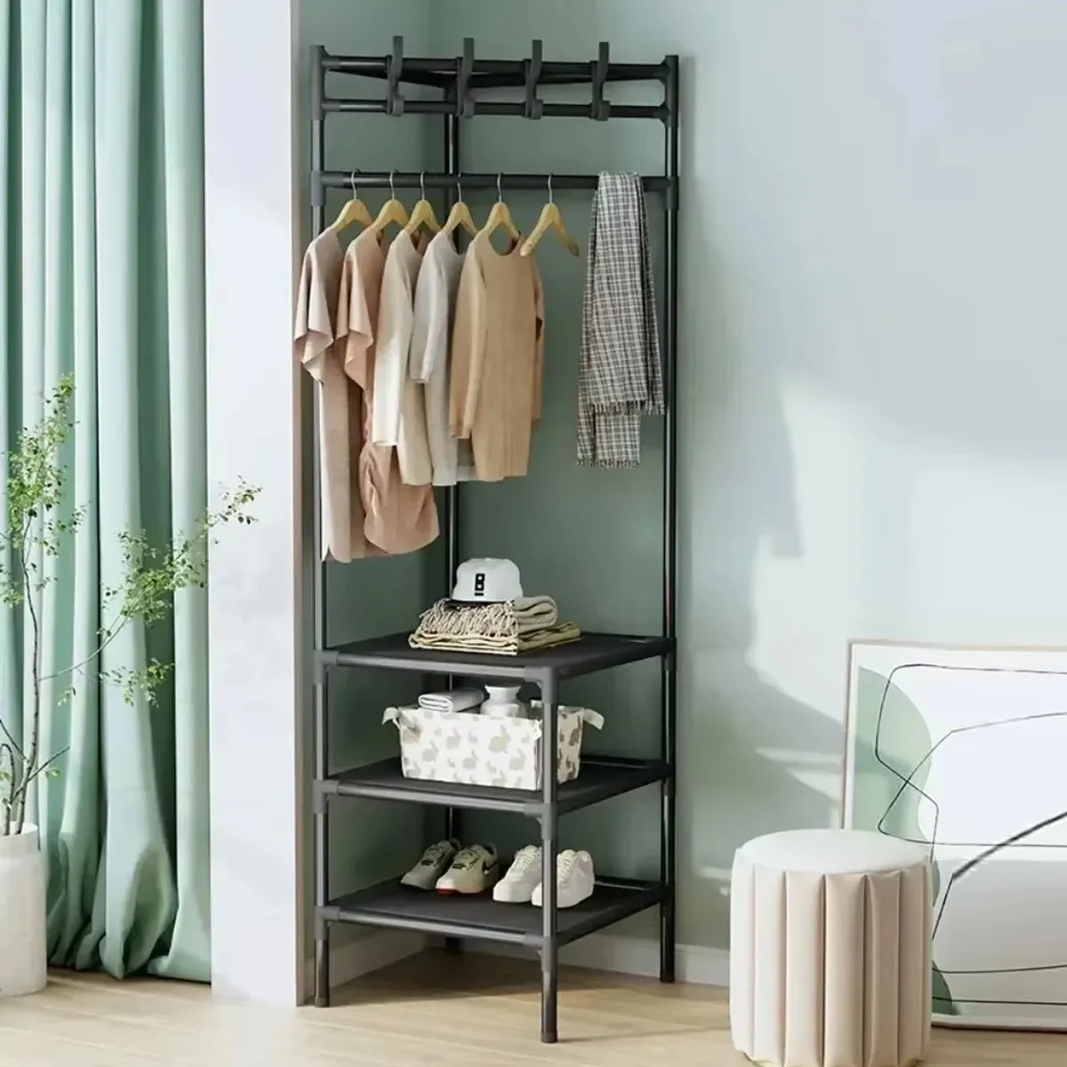 Coat Rack Stand with Hooks and Shelves