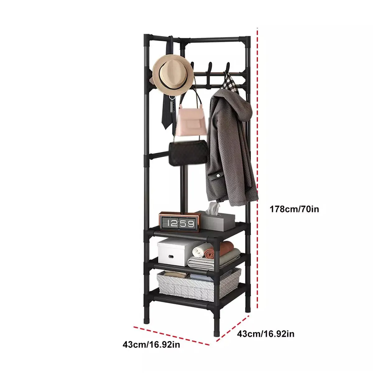 Coat Rack Stand with Hooks and Shelves