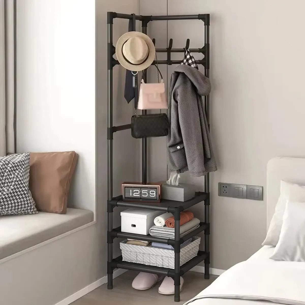 Coat Rack Stand with Hooks and Shelves