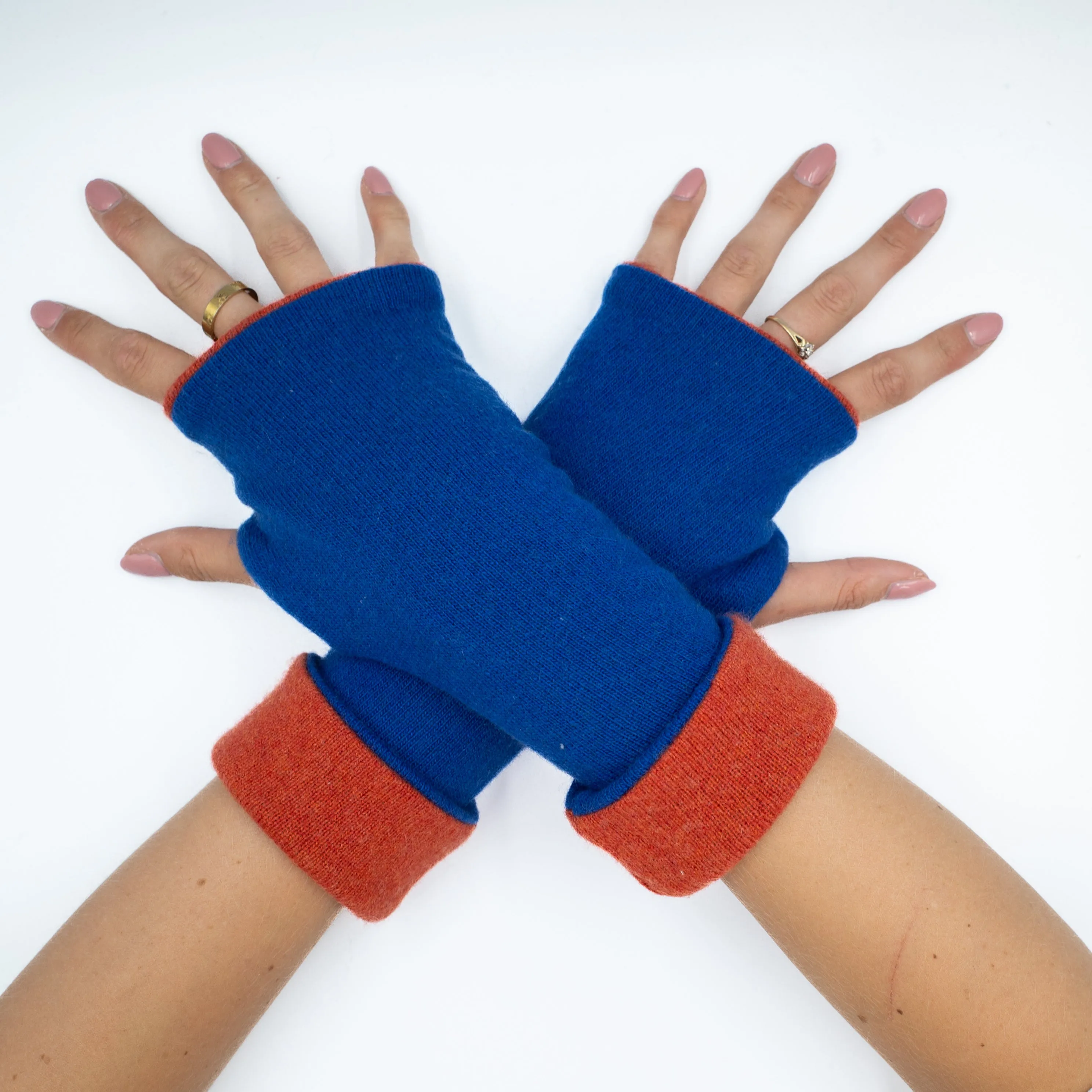 Colbalt Blue and Flame Orange Luxury Reversible Cashmere Fingerless Gloves