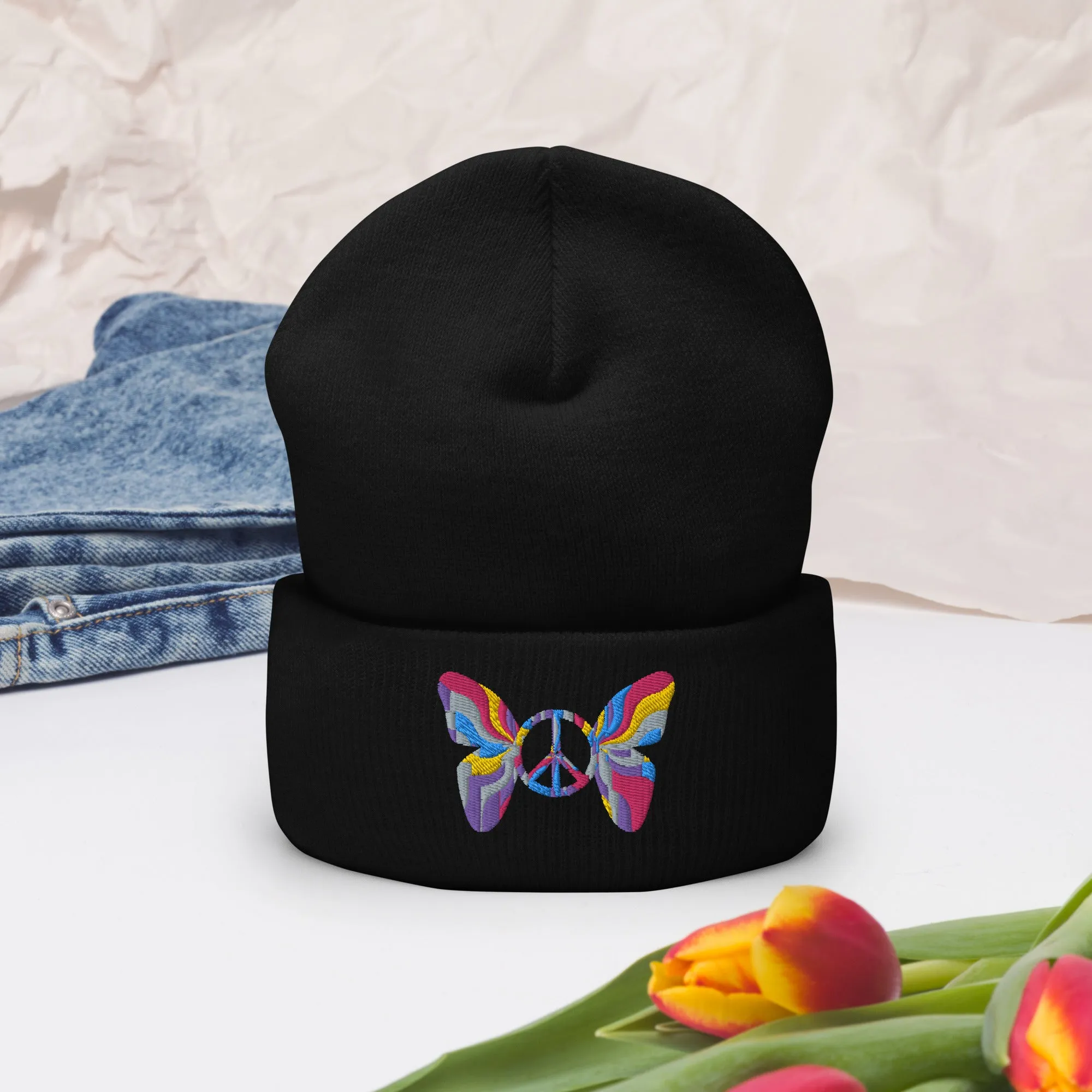 Colorful Butterfly Peace Sign Embroidered Cuffed Beanie Cozy & Stylish, lioness-love.com