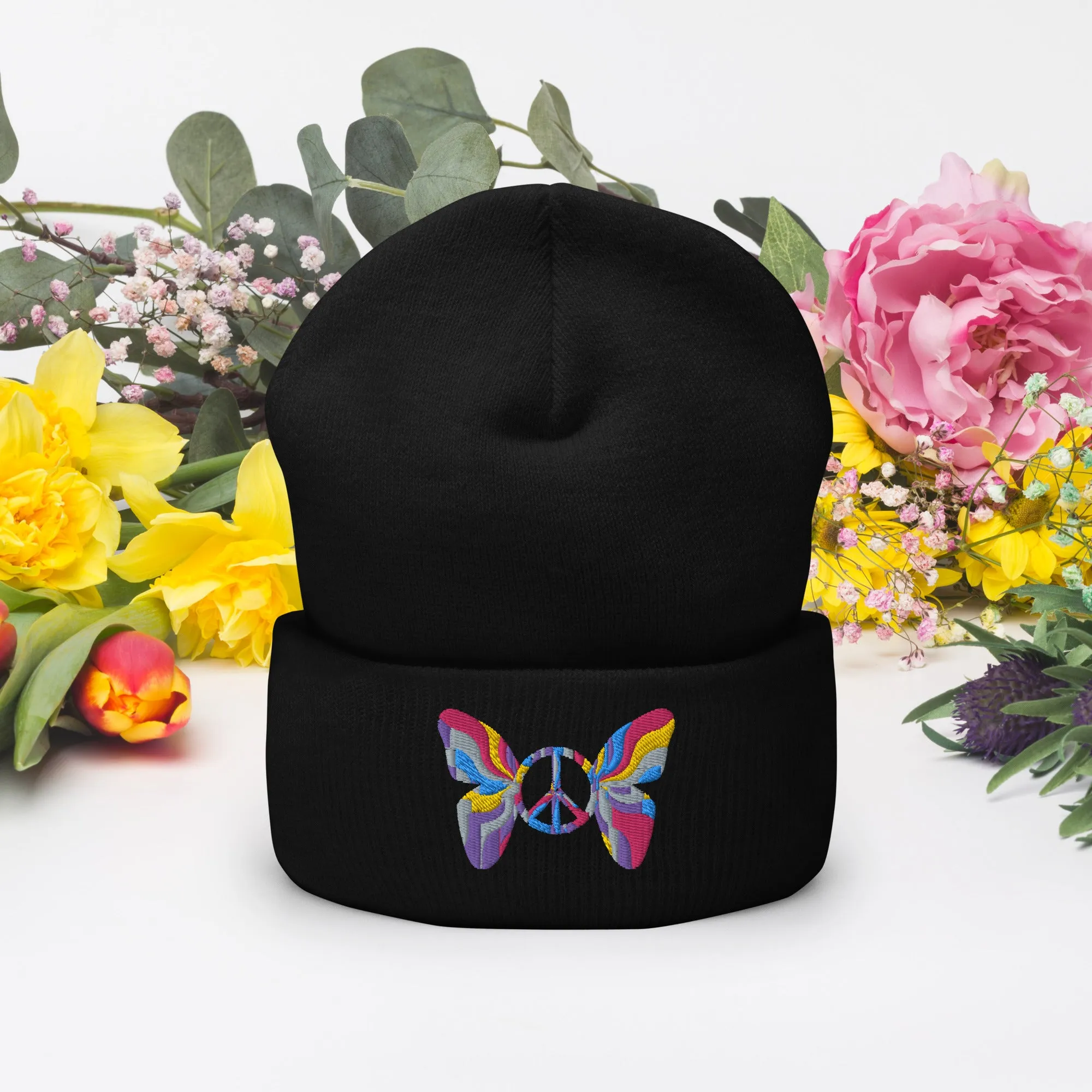 Colorful Butterfly Peace Sign Embroidered Cuffed Beanie Cozy & Stylish, lioness-love.com