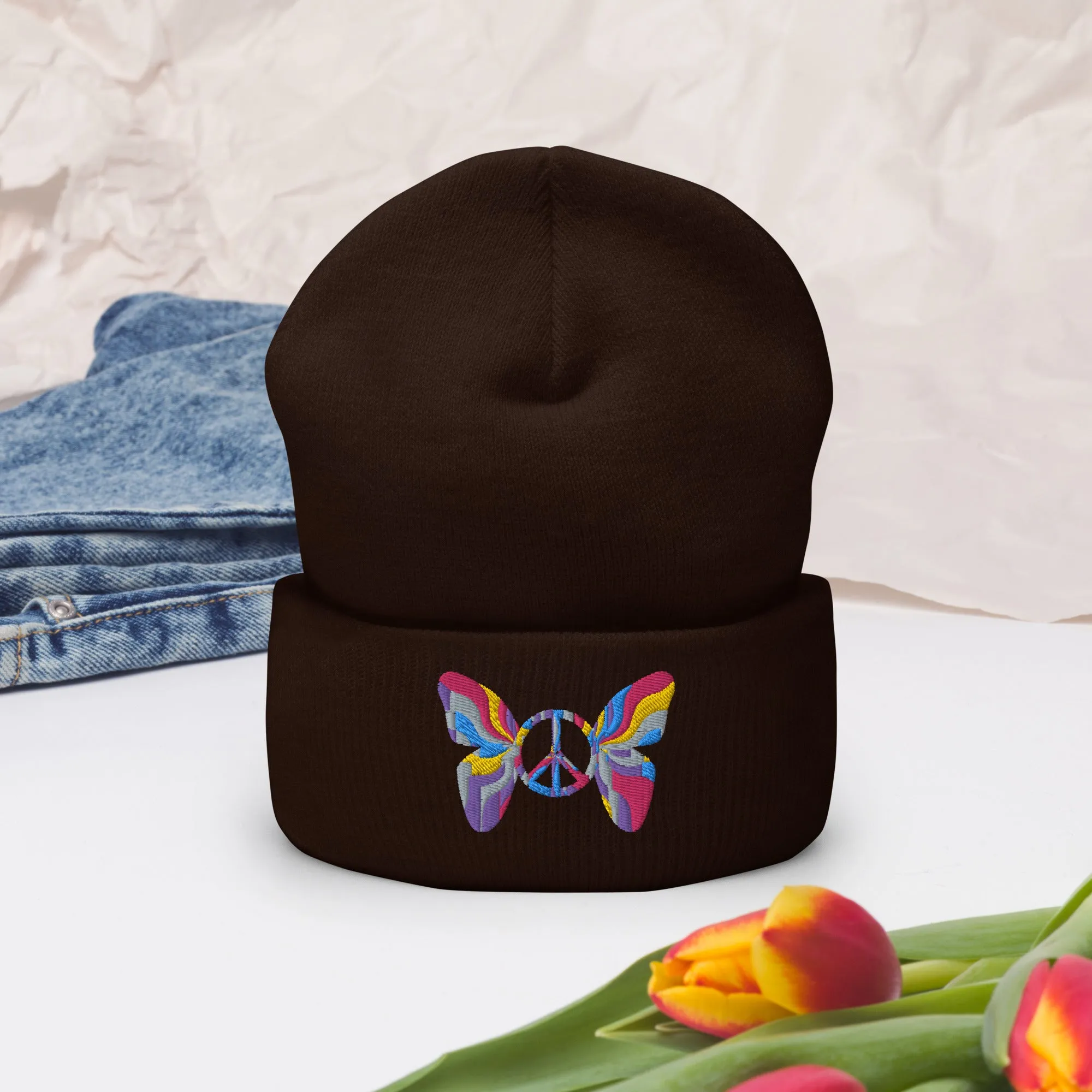 Colorful Butterfly Peace Sign Embroidered Cuffed Beanie Cozy & Stylish, lioness-love.com
