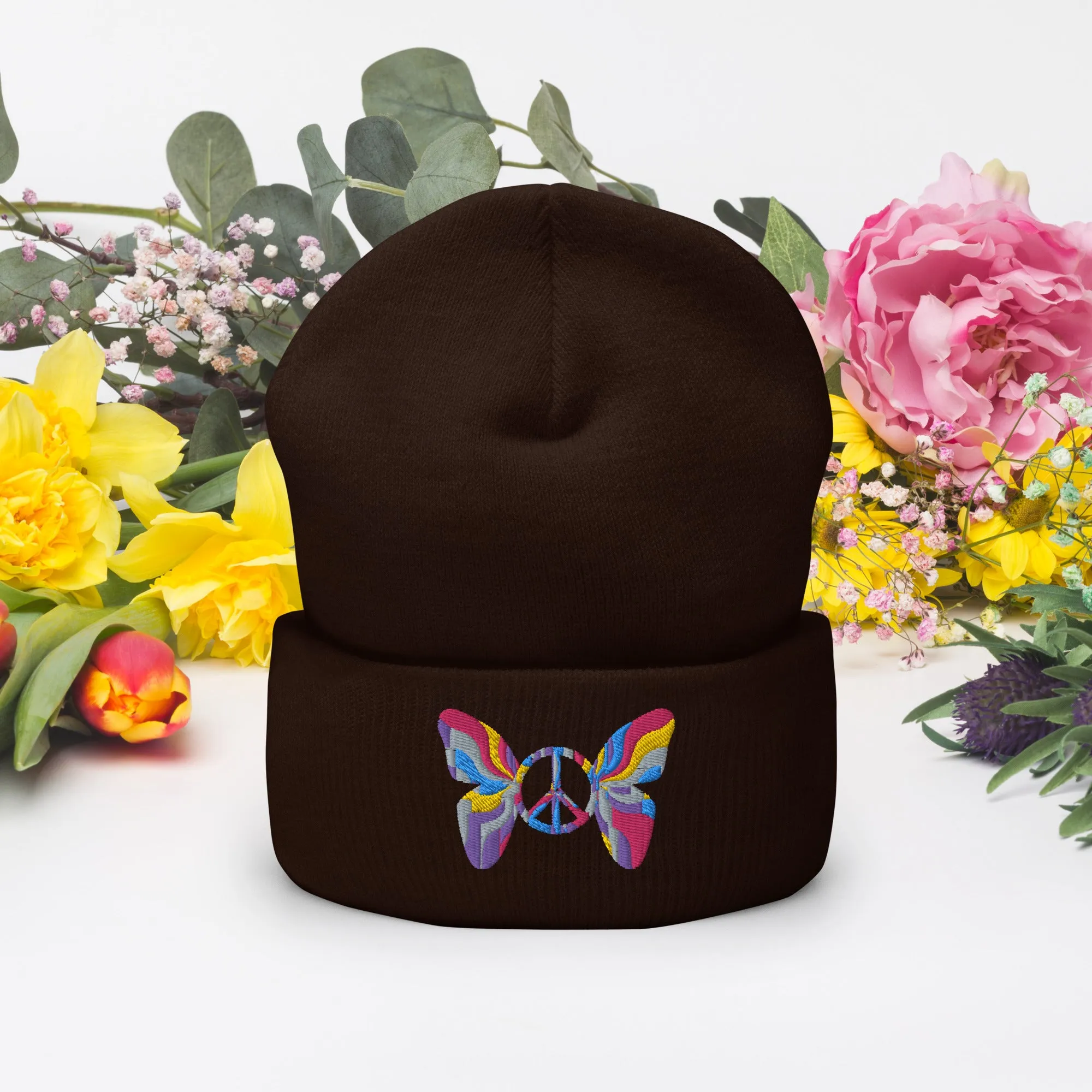 Colorful Butterfly Peace Sign Embroidered Cuffed Beanie Cozy & Stylish, lioness-love.com