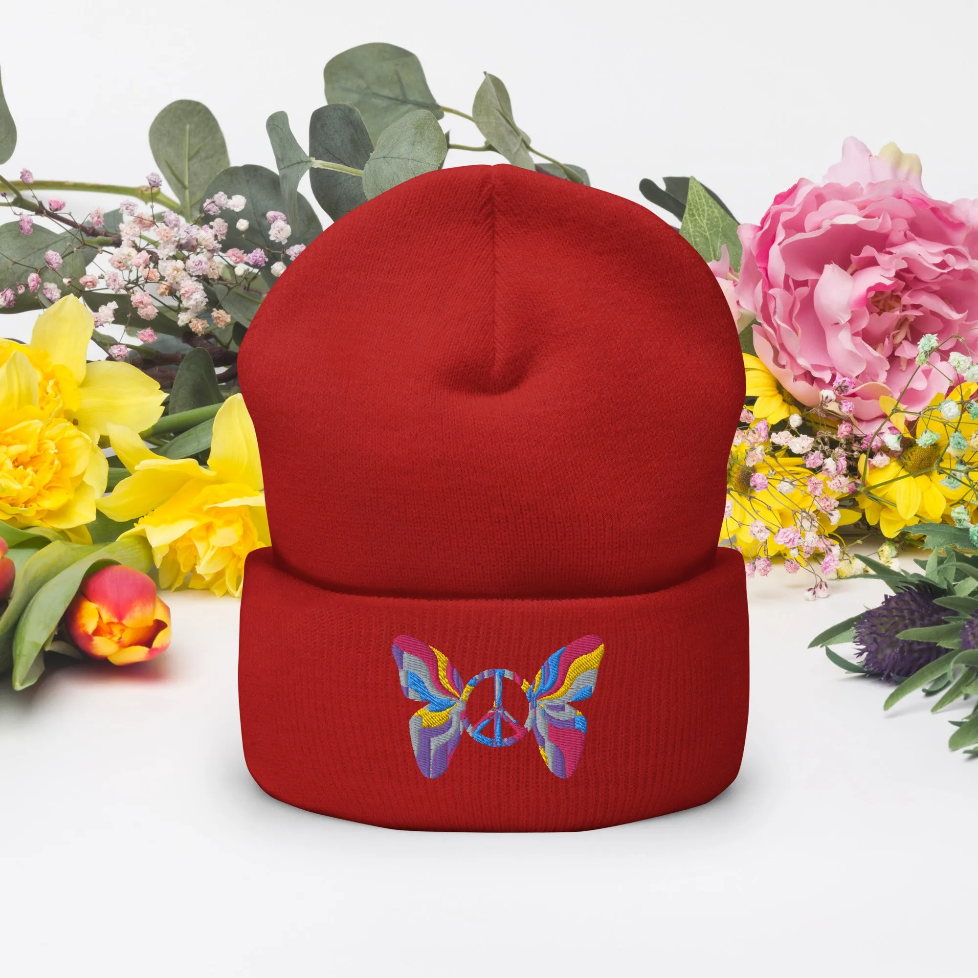 Colorful Butterfly Peace Sign Embroidered Cuffed Beanie Cozy & Stylish, lioness-love.com
