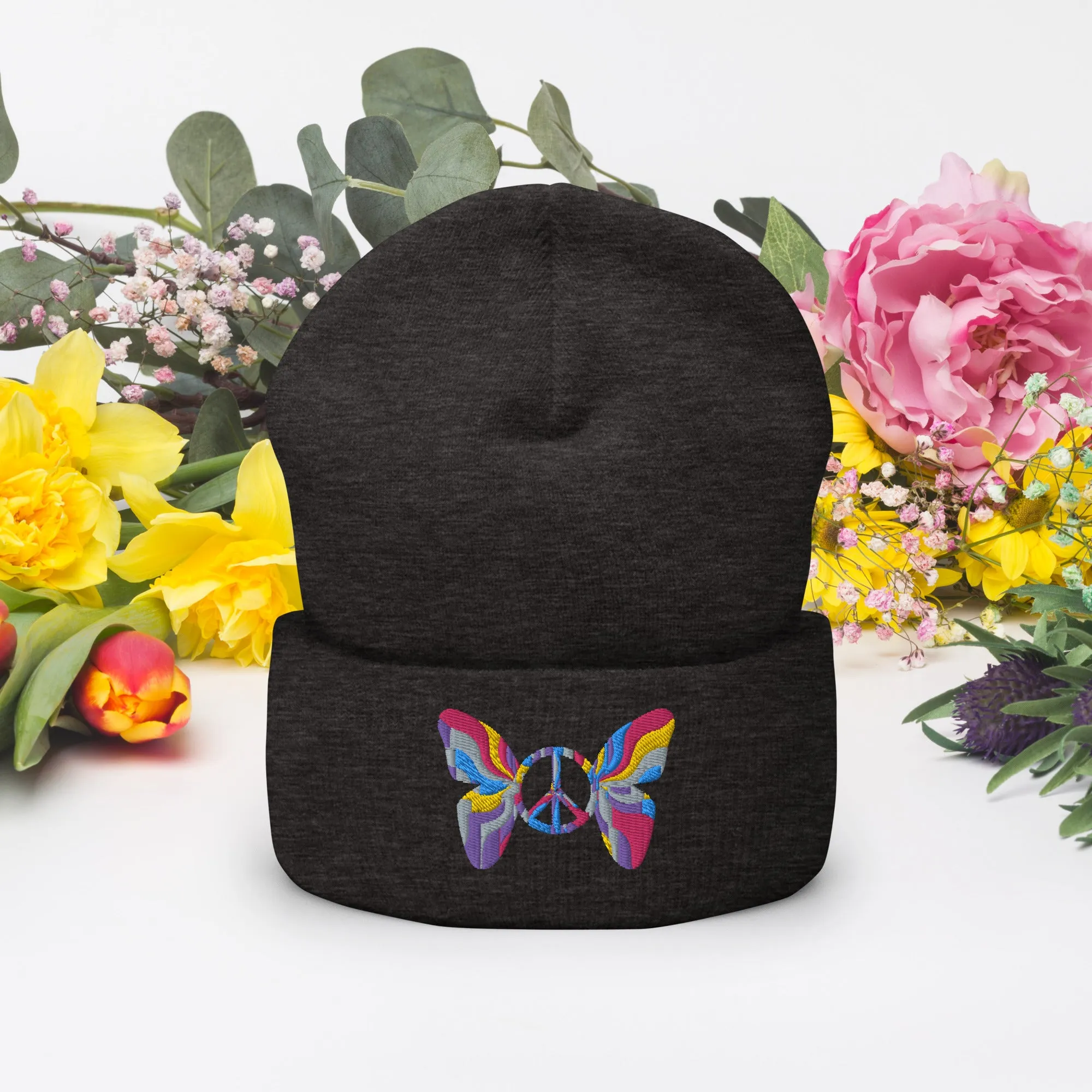 Colorful Butterfly Peace Sign Embroidered Cuffed Beanie Cozy & Stylish, lioness-love.com