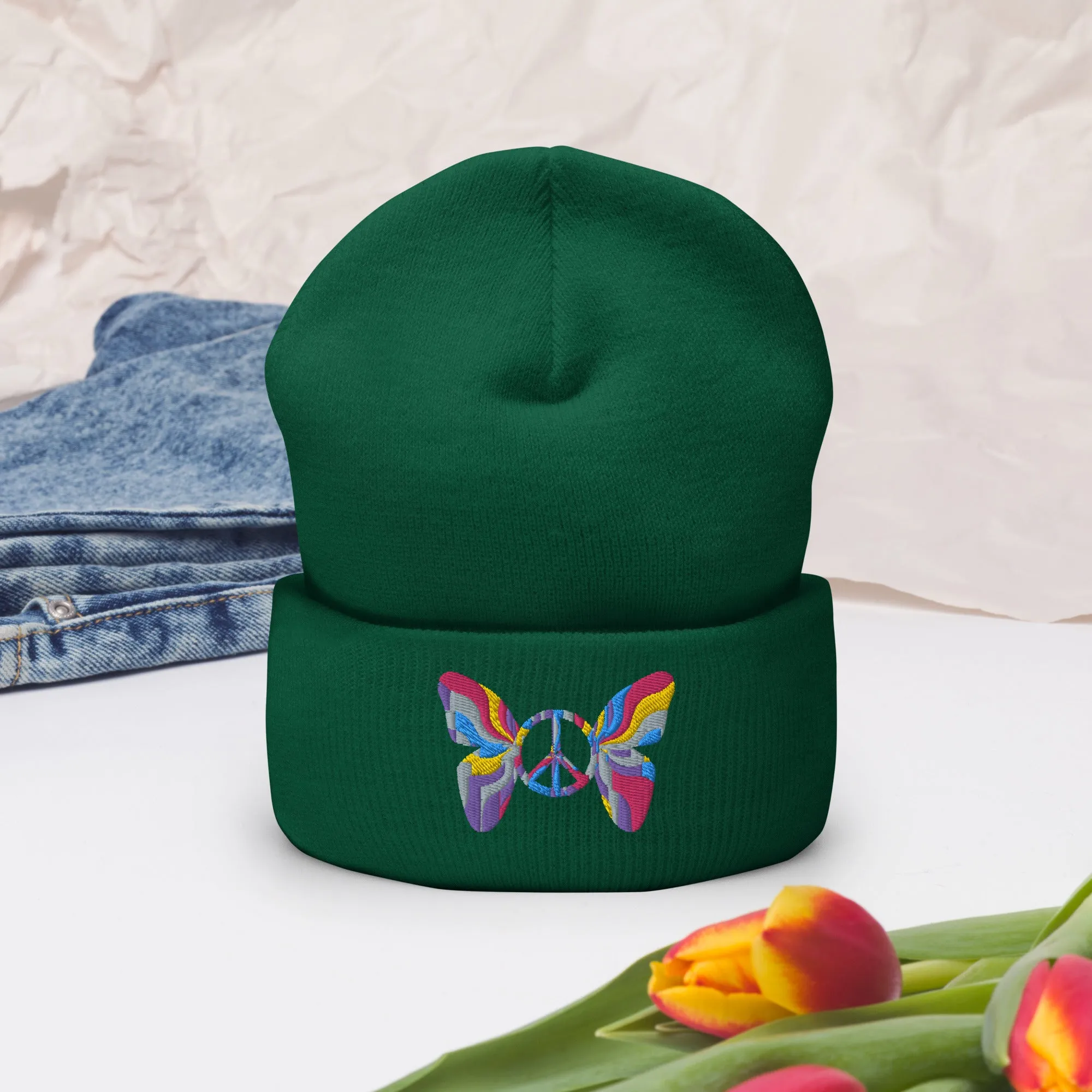 Colorful Butterfly Peace Sign Embroidered Cuffed Beanie Cozy & Stylish, lioness-love.com