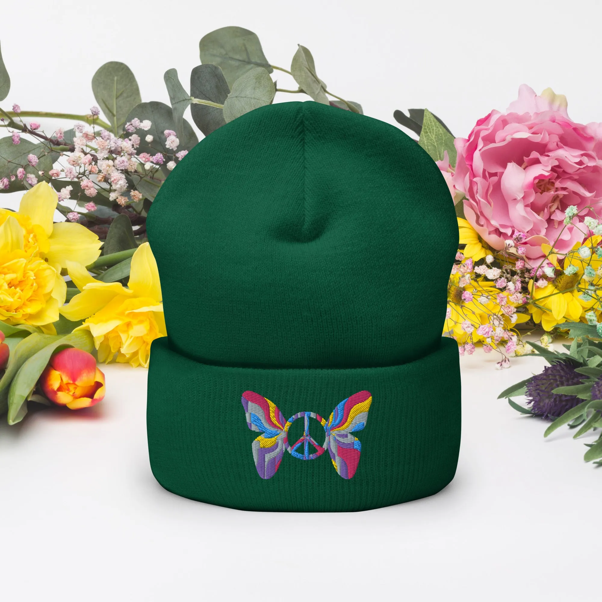 Colorful Butterfly Peace Sign Embroidered Cuffed Beanie Cozy & Stylish, lioness-love.com