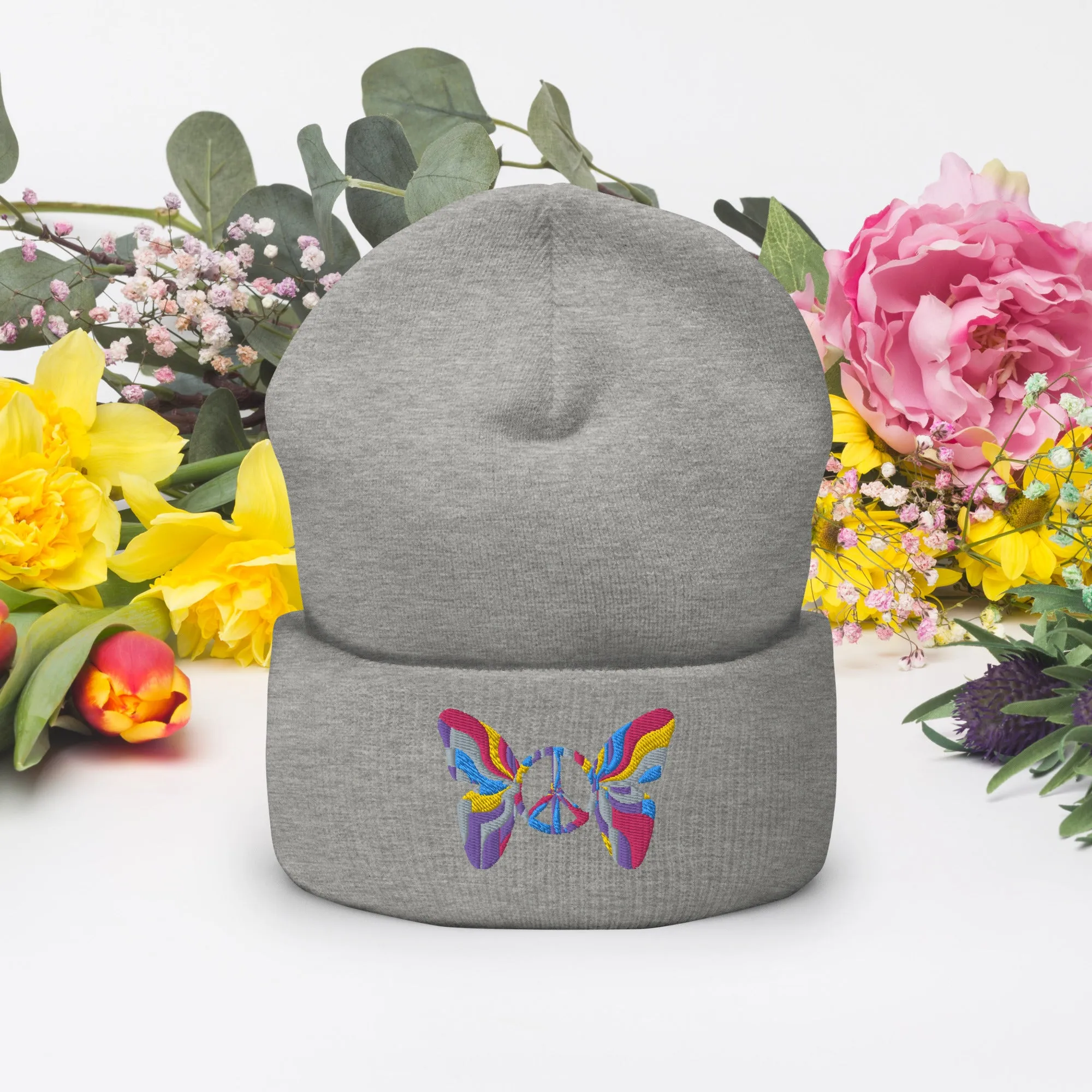 Colorful Butterfly Peace Sign Embroidered Cuffed Beanie Cozy & Stylish, lioness-love.com