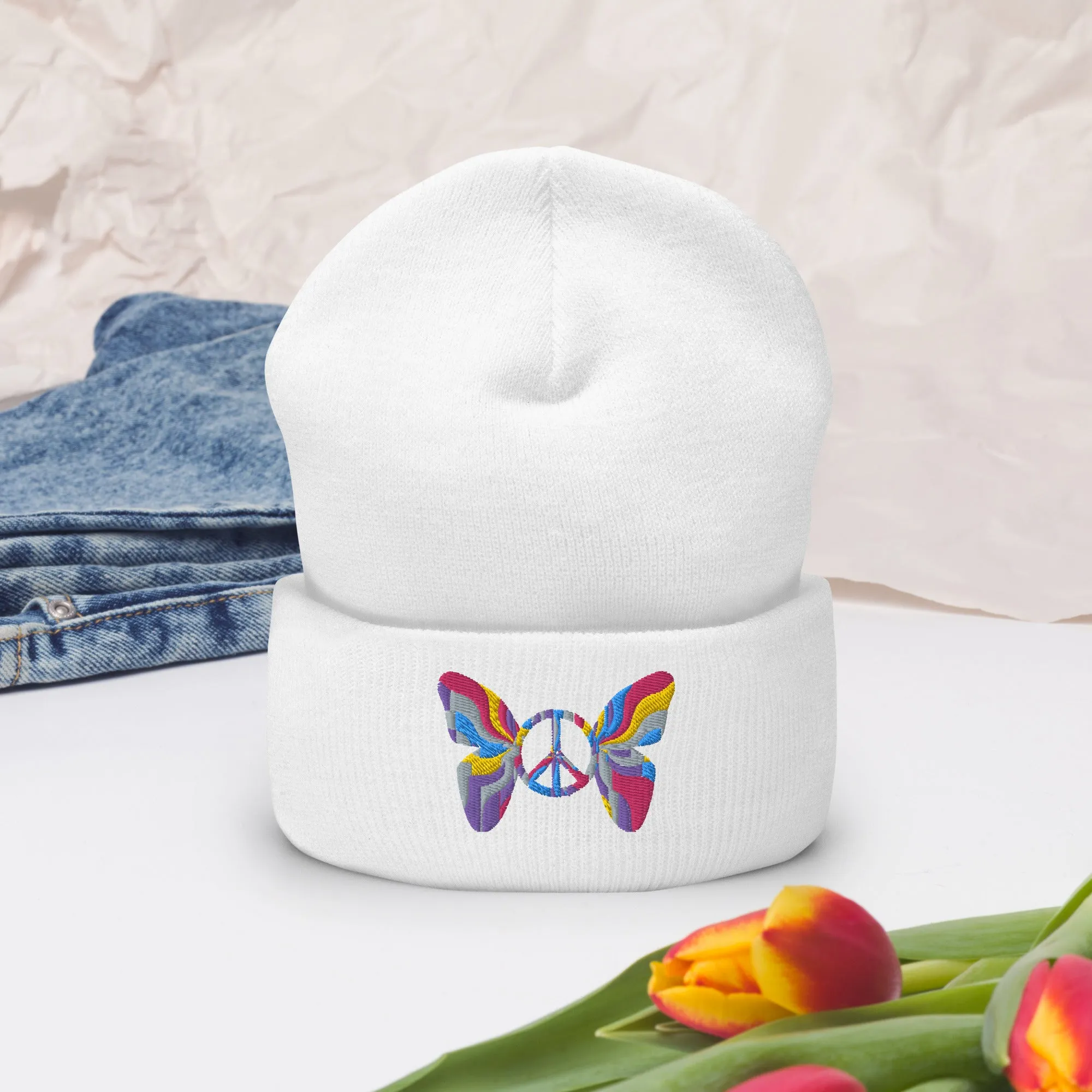 Colorful Butterfly Peace Sign Embroidered Cuffed Beanie Cozy & Stylish, lioness-love.com