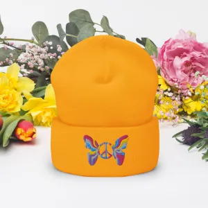 Colorful Butterfly Peace Sign Embroidered Cuffed Beanie Cozy & Stylish, lioness-love.com