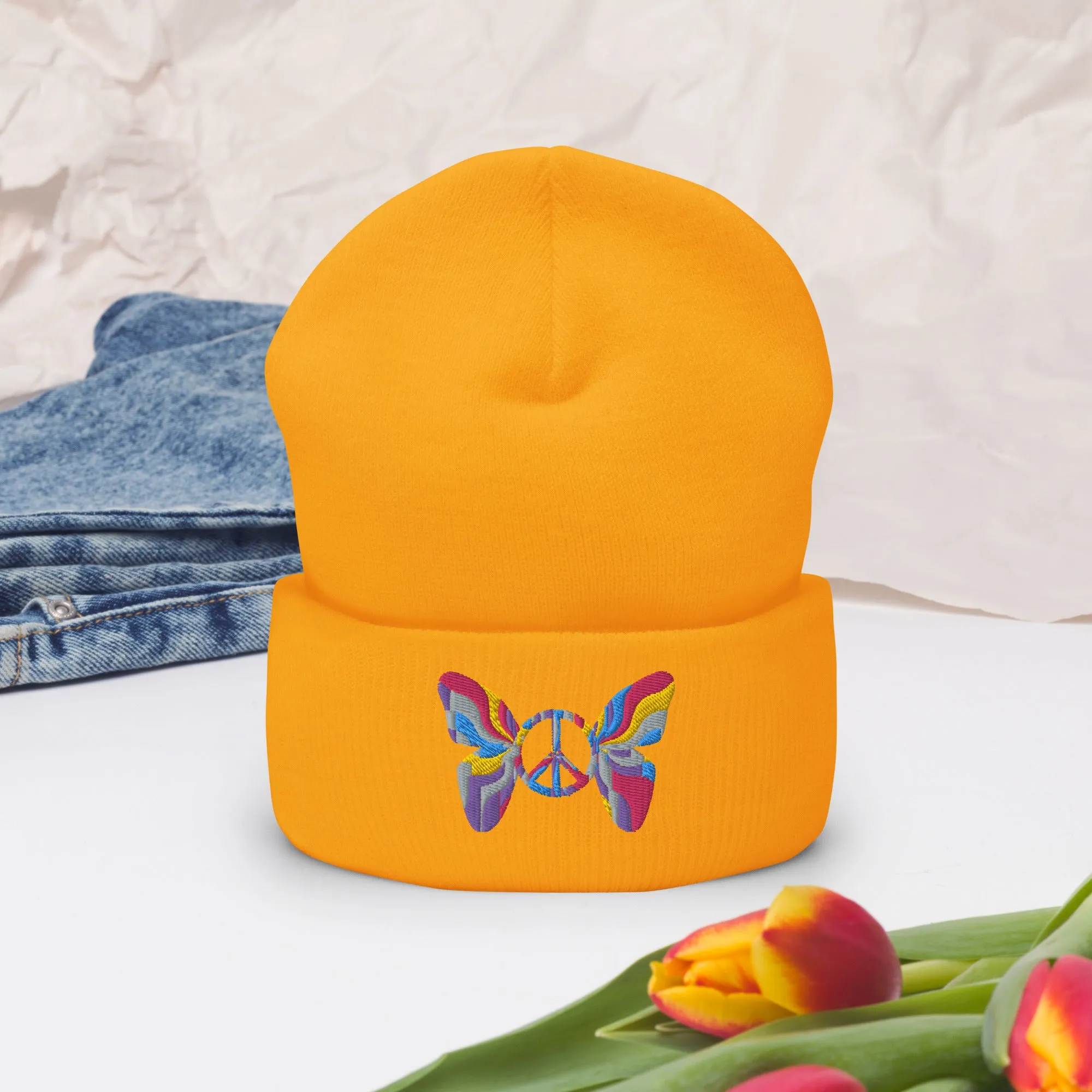 Colorful Butterfly Peace Sign Embroidered Cuffed Beanie Cozy & Stylish, lioness-love.com