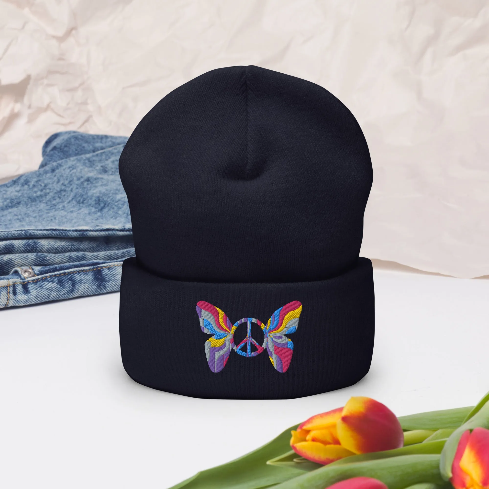 Colorful Butterfly Peace Sign Embroidered Cuffed Beanie Cozy & Stylish, lioness-love.com
