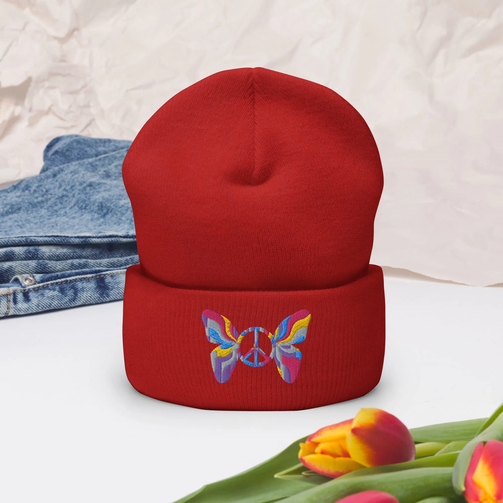 Colorful Butterfly Peace Sign Embroidered Cuffed Beanie Cozy & Stylish, lioness-love.com
