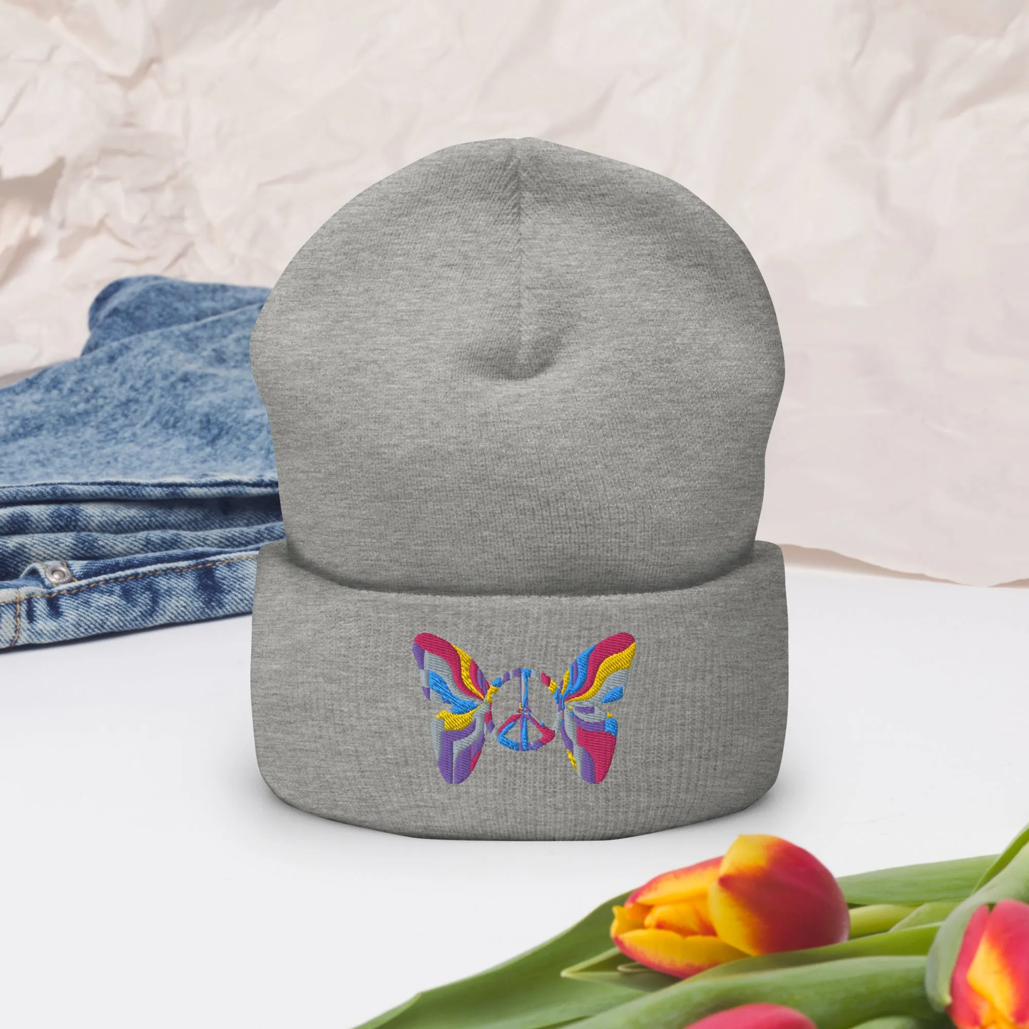Colorful Butterfly Peace Sign Embroidered Cuffed Beanie Cozy & Stylish, lioness-love.com