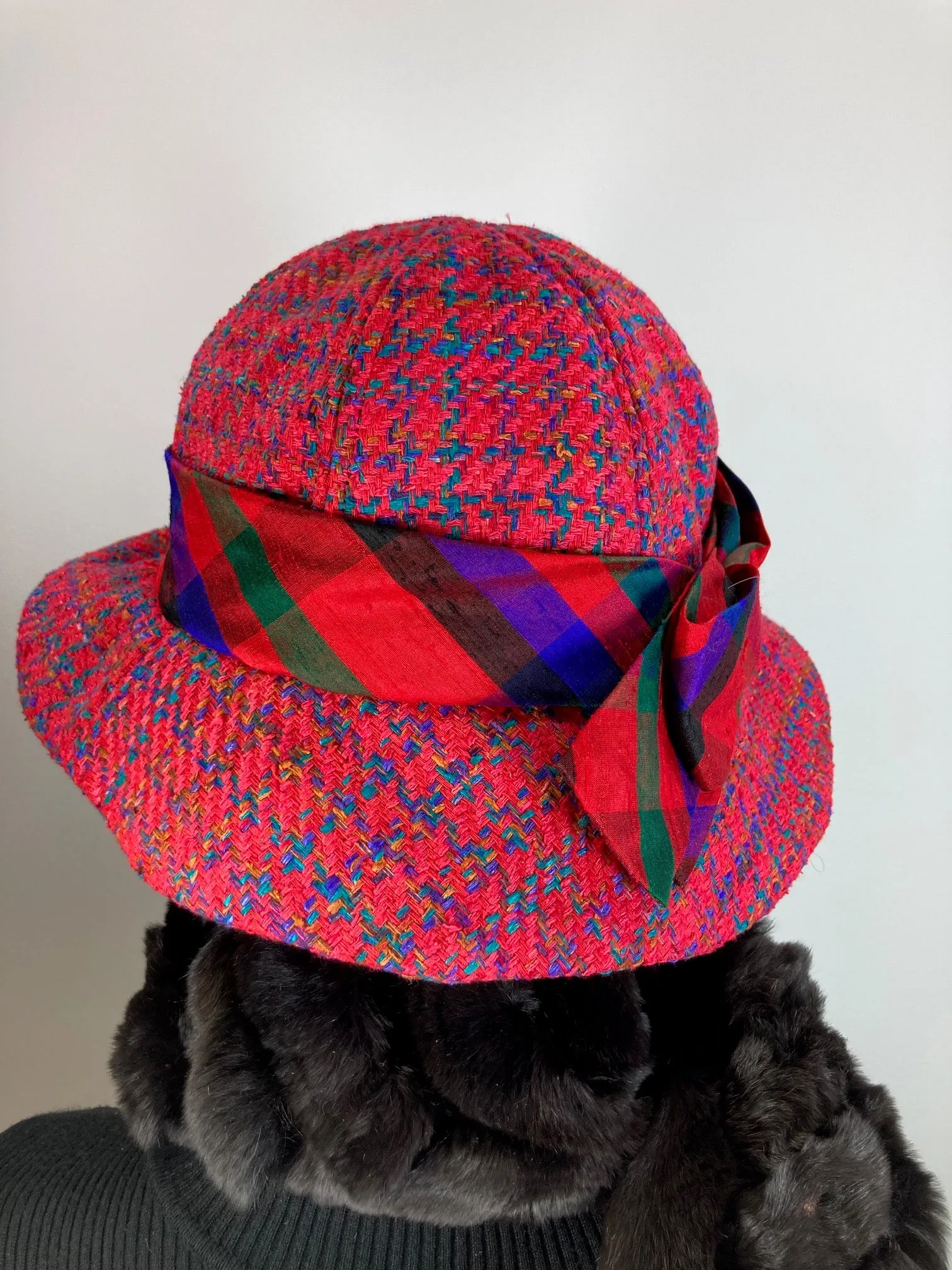 Colorful Red Cloche. Slow Fashion Hat. Womens Downton Abbey hat. Woven Silk Medium brim hat. Ladies Miss Fisher cloche. Classic red brim hat