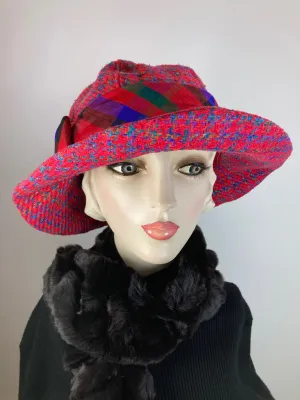 Colorful Red Cloche. Slow Fashion Hat. Womens Downton Abbey hat. Woven Silk Medium brim hat. Ladies Miss Fisher cloche. Classic red brim hat