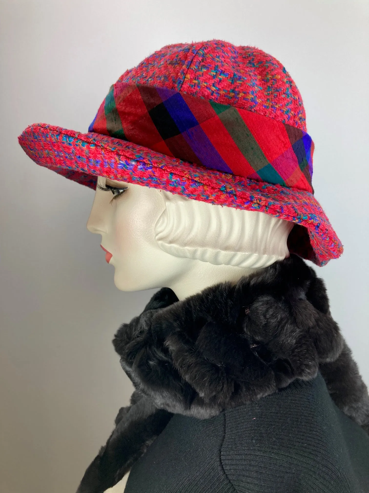 Colorful Red Cloche. Slow Fashion Hat. Womens Downton Abbey hat. Woven Silk Medium brim hat. Ladies Miss Fisher cloche. Classic red brim hat