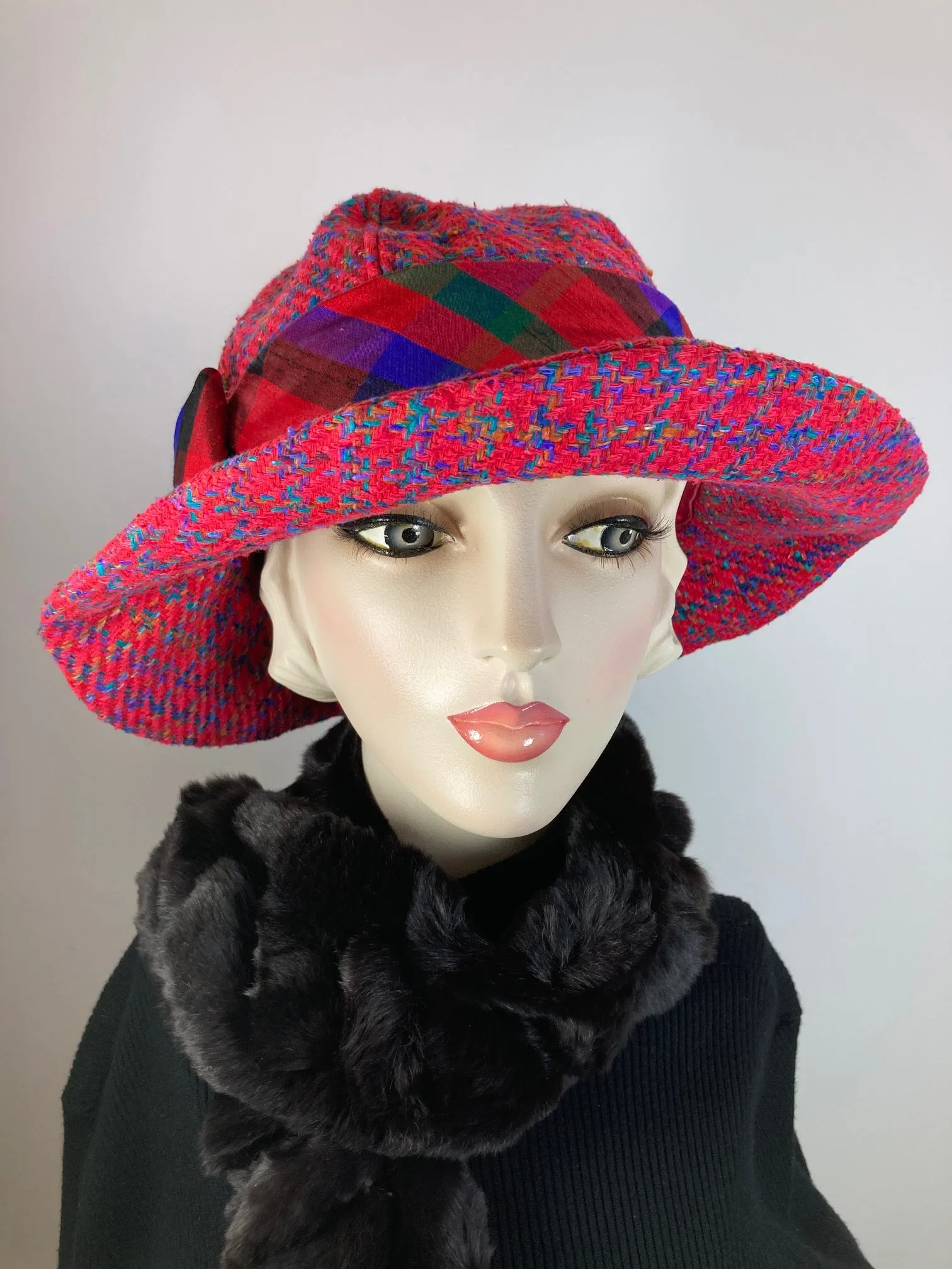 Colorful Red Cloche. Slow Fashion Hat. Womens Downton Abbey hat. Woven Silk Medium brim hat. Ladies Miss Fisher cloche. Classic red brim hat