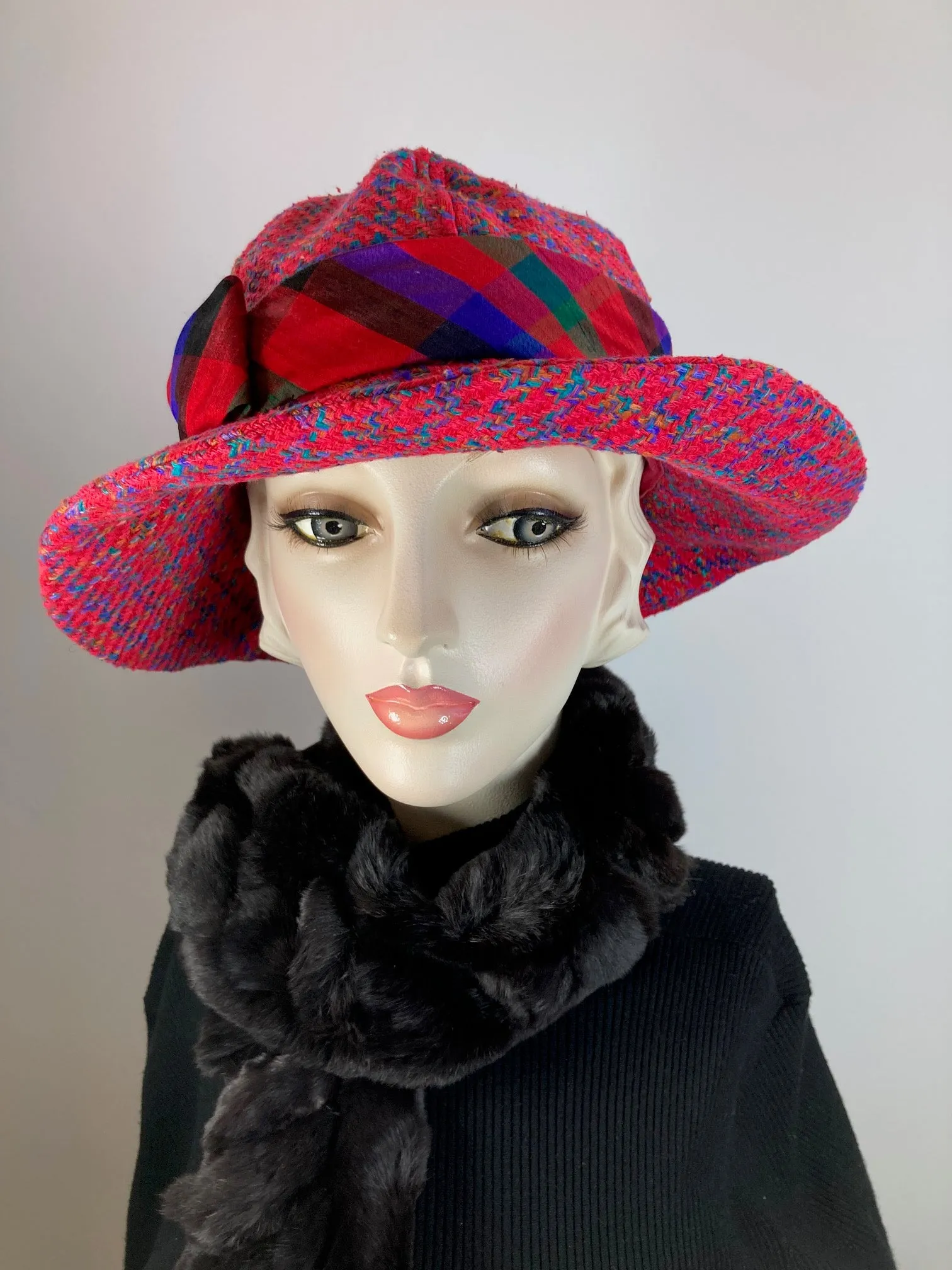 Colorful Red Cloche. Slow Fashion Hat. Womens Downton Abbey hat. Woven Silk Medium brim hat. Ladies Miss Fisher cloche. Classic red brim hat