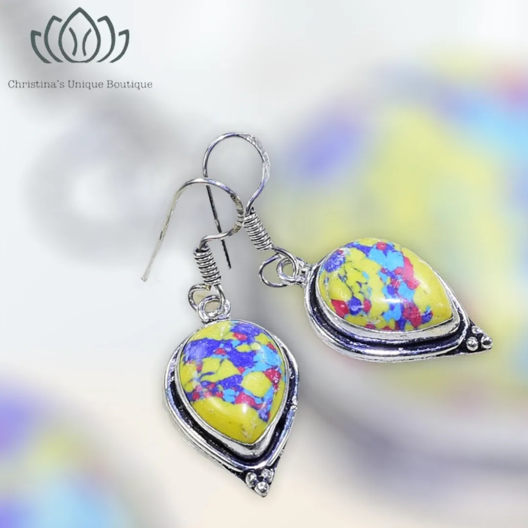Colorful yellow turquoise decor dangle earrings