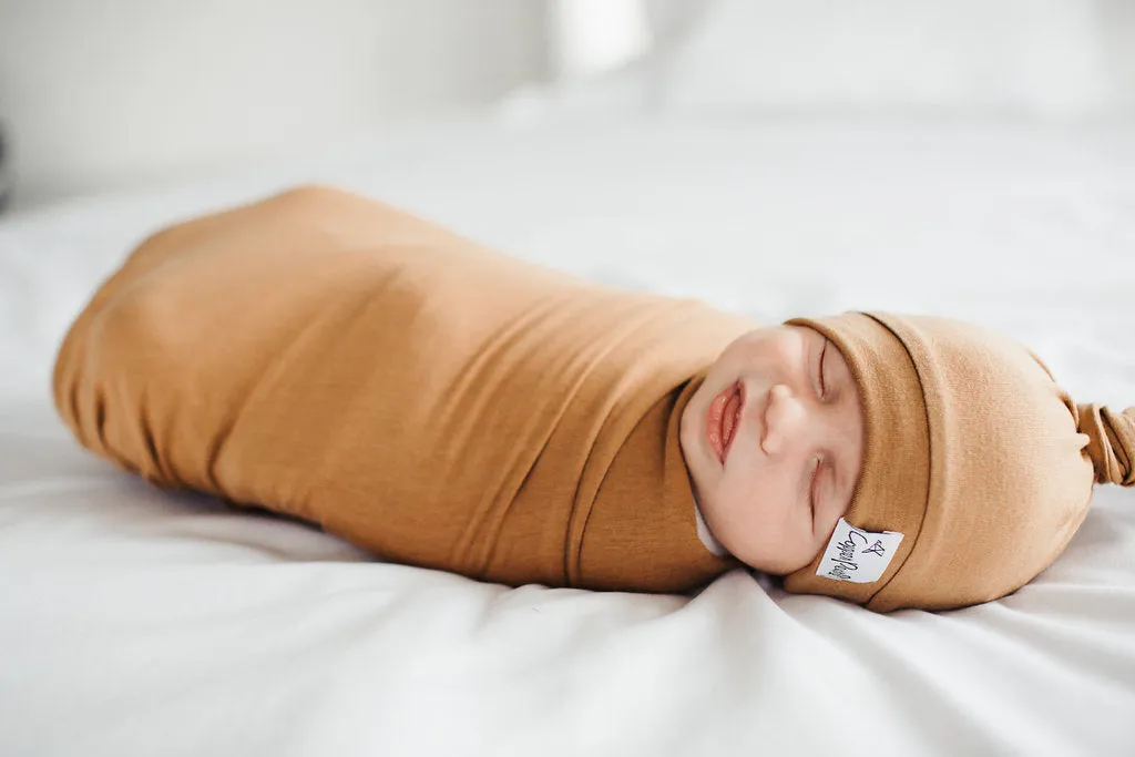 Copper Pearl Newborn Top Knot Hat | Camel