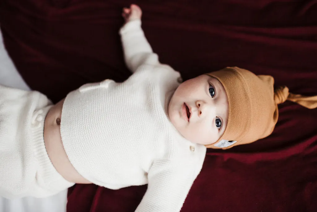 Copper Pearl Newborn Top Knot Hat | Camel