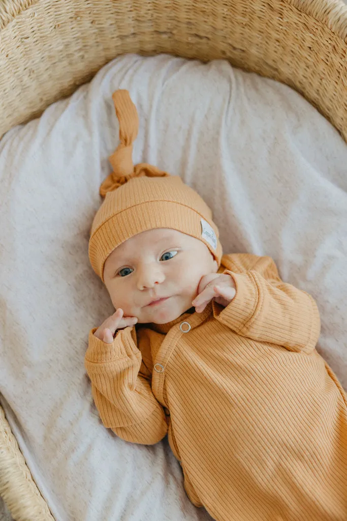 Copper Pearl Rib Knit Top Knot Hat | Dolce