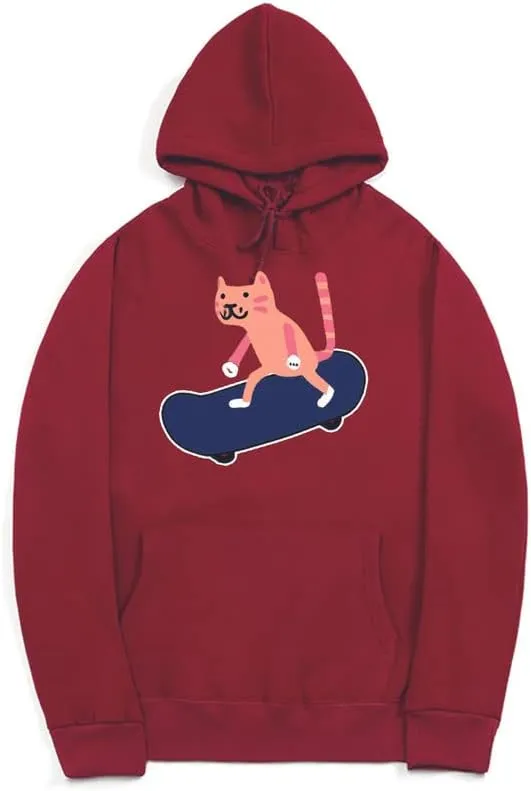 CORIRESHA Unisex Cartoon Skateboard Cat Hoodie Casual Long Sleeve Cozy Cotton Sweatshirt