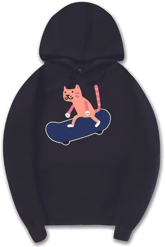 CORIRESHA Unisex Cartoon Skateboard Cat Hoodie Casual Long Sleeve Cozy Cotton Sweatshirt