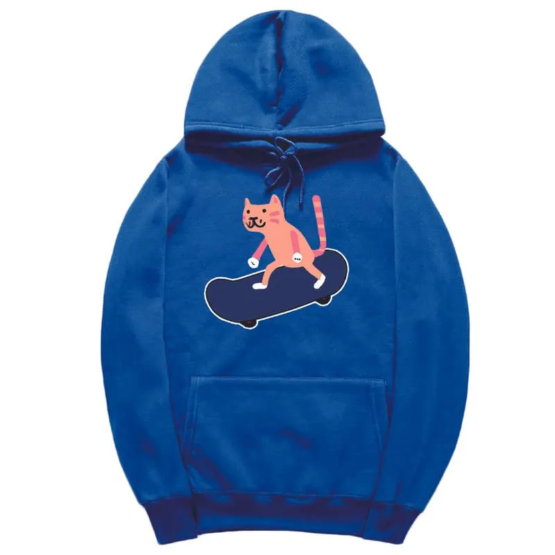 CORIRESHA Unisex Cartoon Skateboard Cat Hoodie Casual Long Sleeve Cozy Cotton Sweatshirt