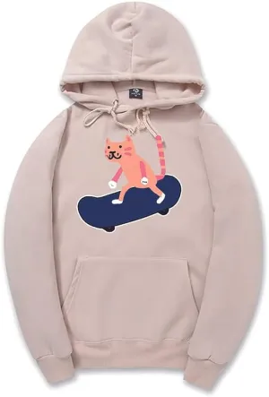 CORIRESHA Unisex Cartoon Skateboard Cat Hoodie Casual Long Sleeve Cozy Cotton Sweatshirt