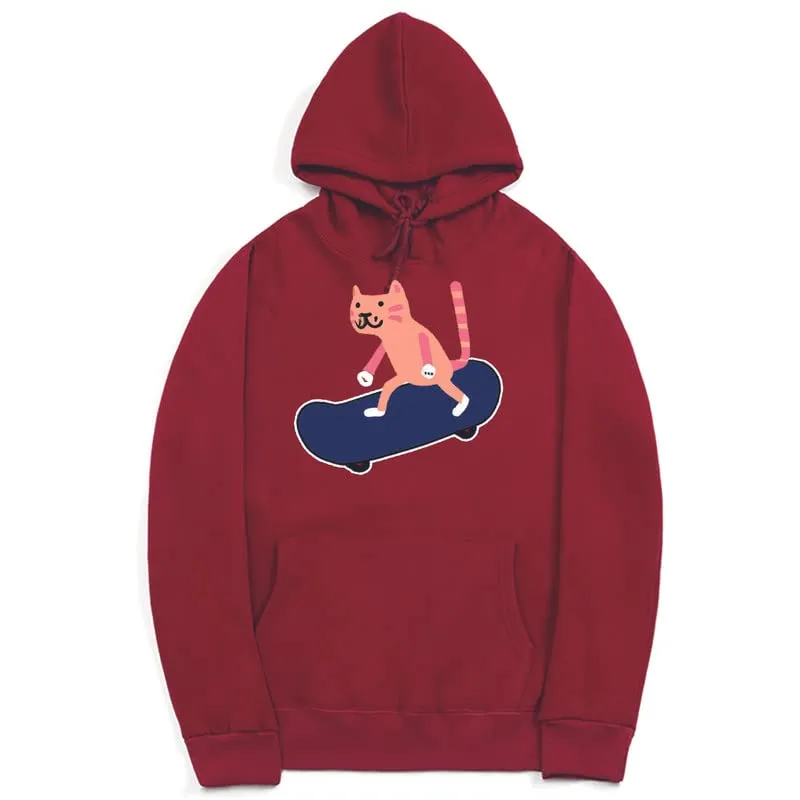 CORIRESHA Unisex Cartoon Skateboard Cat Hoodie Casual Long Sleeve Cozy Cotton Sweatshirt
