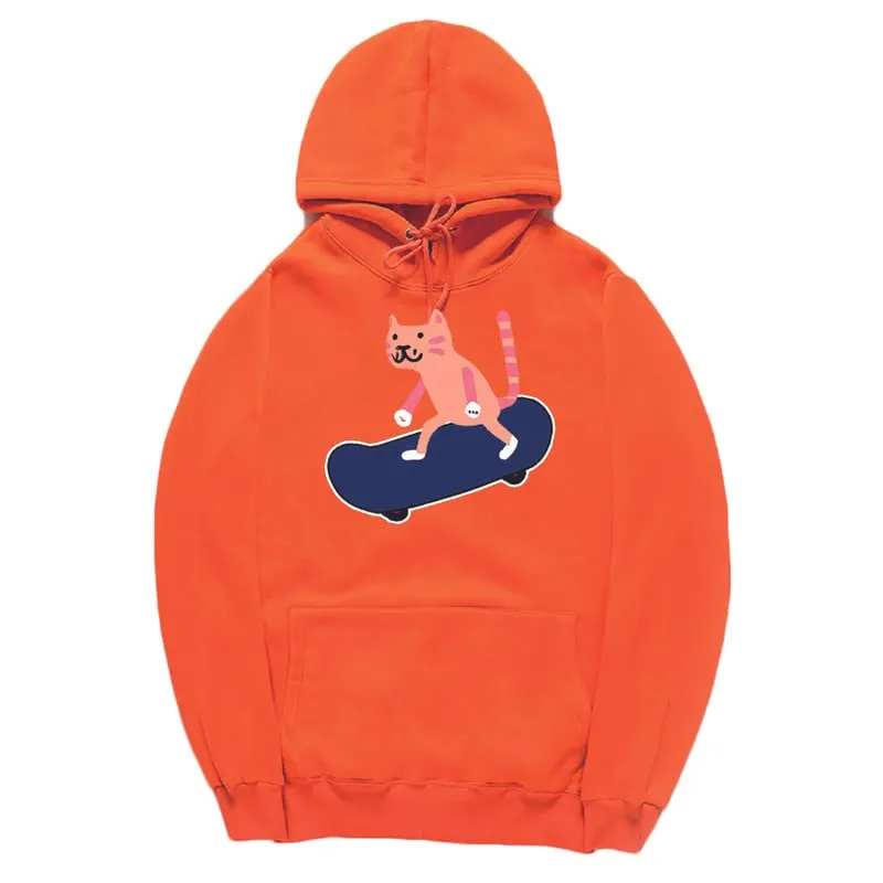 CORIRESHA Unisex Cartoon Skateboard Cat Hoodie Casual Long Sleeve Cozy Cotton Sweatshirt
