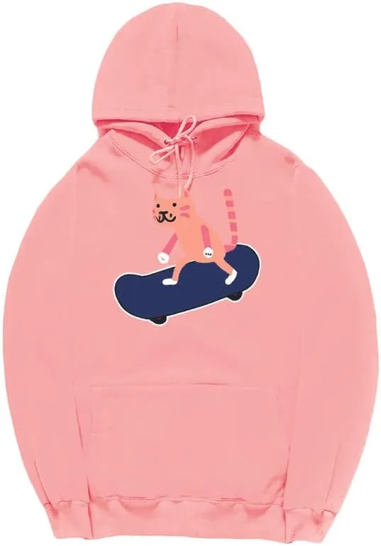 CORIRESHA Unisex Cartoon Skateboard Cat Hoodie Casual Long Sleeve Cozy Cotton Sweatshirt