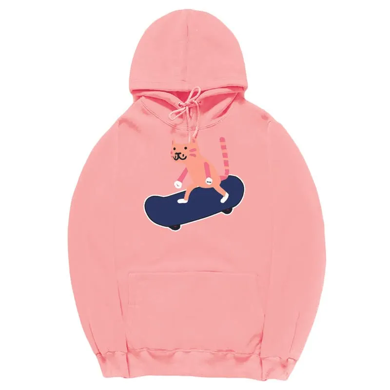 CORIRESHA Unisex Cartoon Skateboard Cat Hoodie Casual Long Sleeve Cozy Cotton Sweatshirt