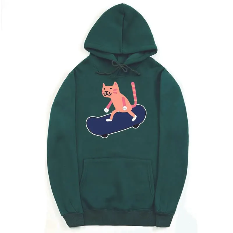 CORIRESHA Unisex Cartoon Skateboard Cat Hoodie Casual Long Sleeve Cozy Cotton Sweatshirt