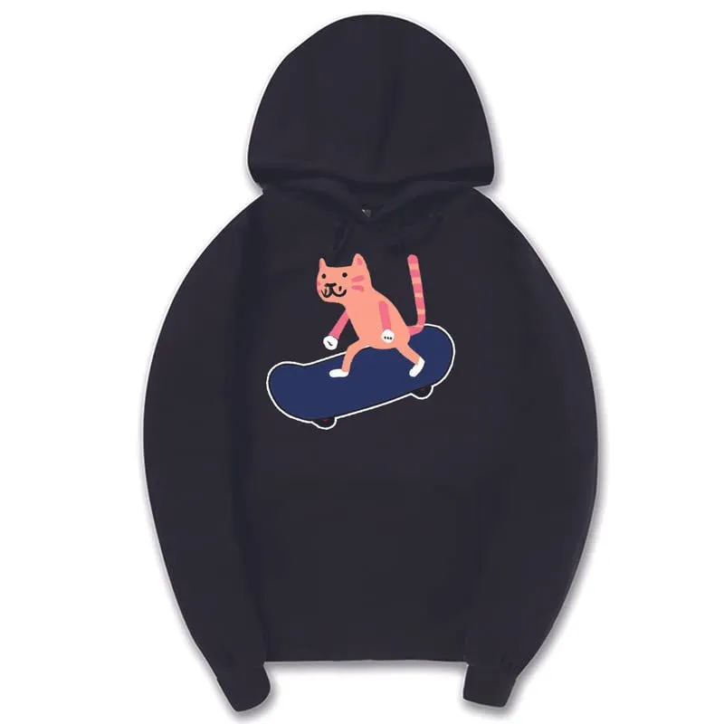 CORIRESHA Unisex Cartoon Skateboard Cat Hoodie Casual Long Sleeve Cozy Cotton Sweatshirt