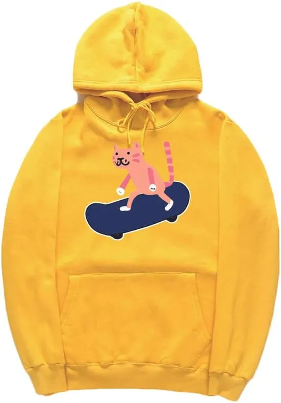 CORIRESHA Unisex Cartoon Skateboard Cat Hoodie Casual Long Sleeve Cozy Cotton Sweatshirt