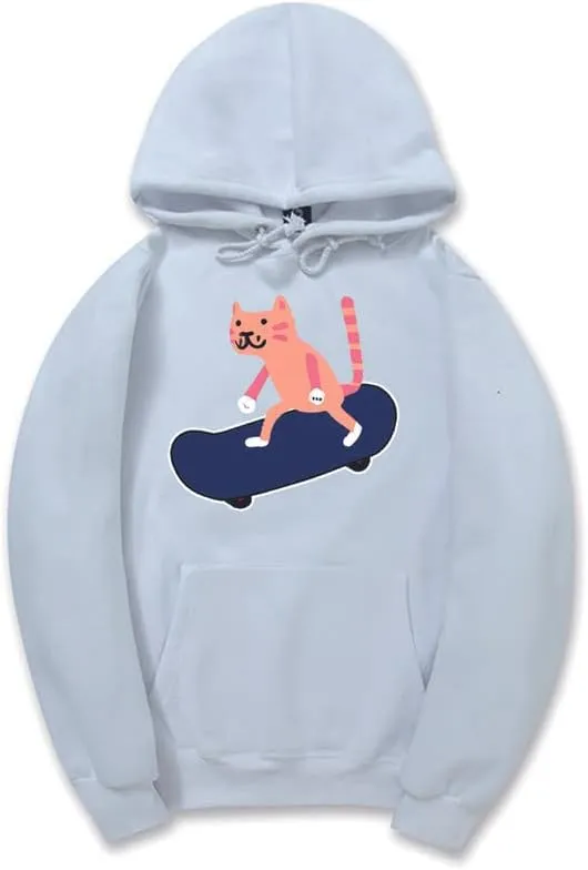 CORIRESHA Unisex Cartoon Skateboard Cat Hoodie Casual Long Sleeve Cozy Cotton Sweatshirt