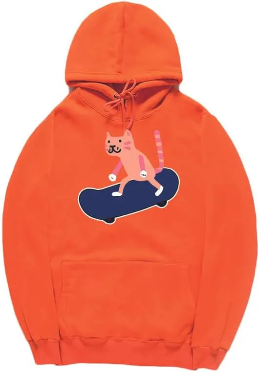 CORIRESHA Unisex Cartoon Skateboard Cat Hoodie Casual Long Sleeve Cozy Cotton Sweatshirt