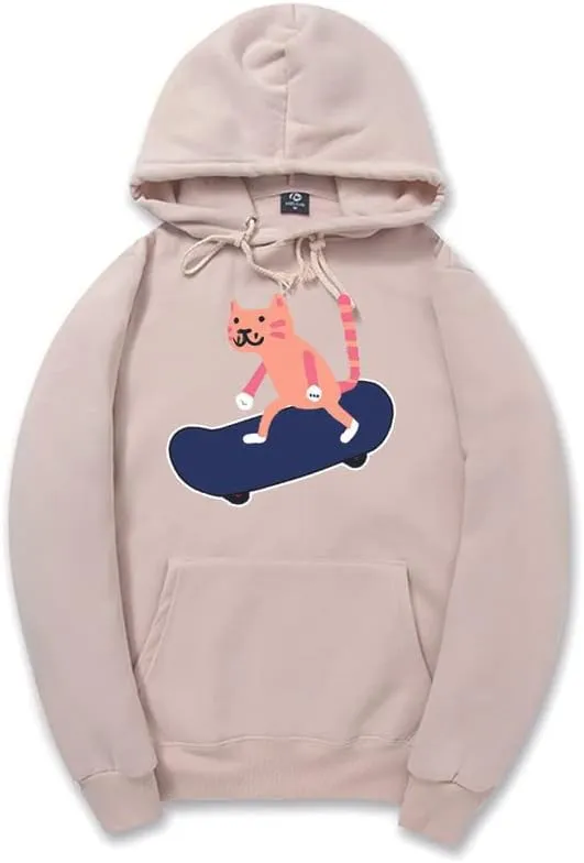 CORIRESHA Unisex Cartoon Skateboard Cat Hoodie Casual Long Sleeve Cozy Cotton Sweatshirt