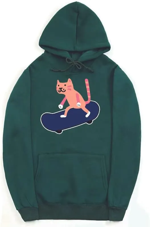 CORIRESHA Unisex Cartoon Skateboard Cat Hoodie Casual Long Sleeve Cozy Cotton Sweatshirt
