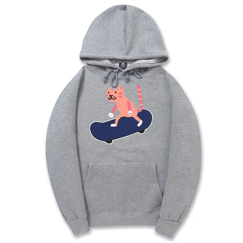 CORIRESHA Unisex Cartoon Skateboard Cat Hoodie Casual Long Sleeve Cozy Cotton Sweatshirt