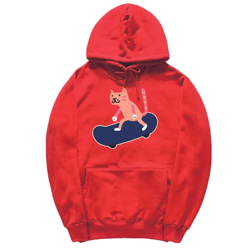 CORIRESHA Unisex Cartoon Skateboard Cat Hoodie Casual Long Sleeve Cozy Cotton Sweatshirt