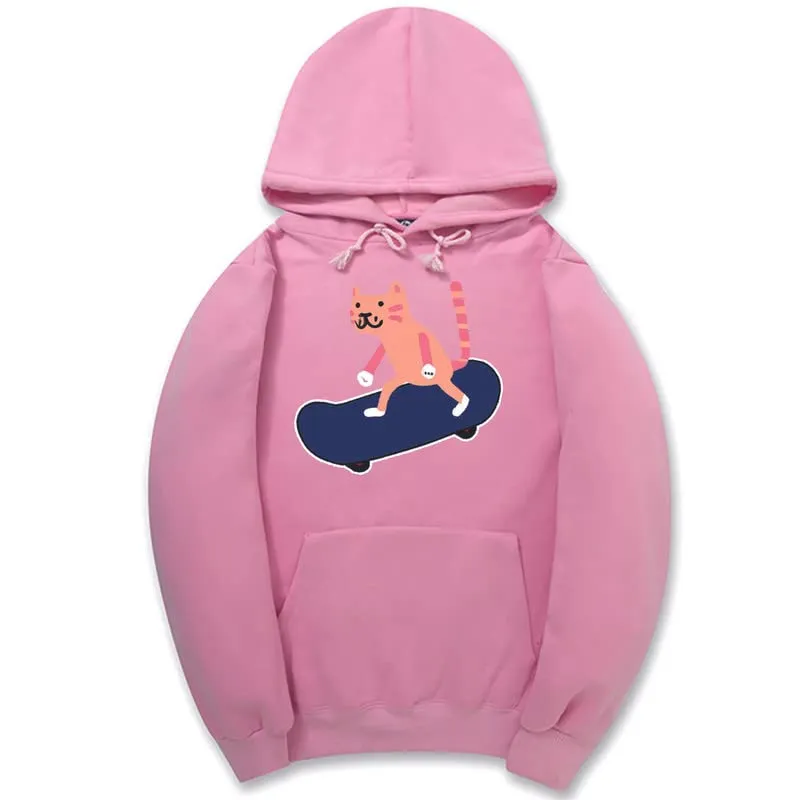 CORIRESHA Unisex Cartoon Skateboard Cat Hoodie Casual Long Sleeve Cozy Cotton Sweatshirt
