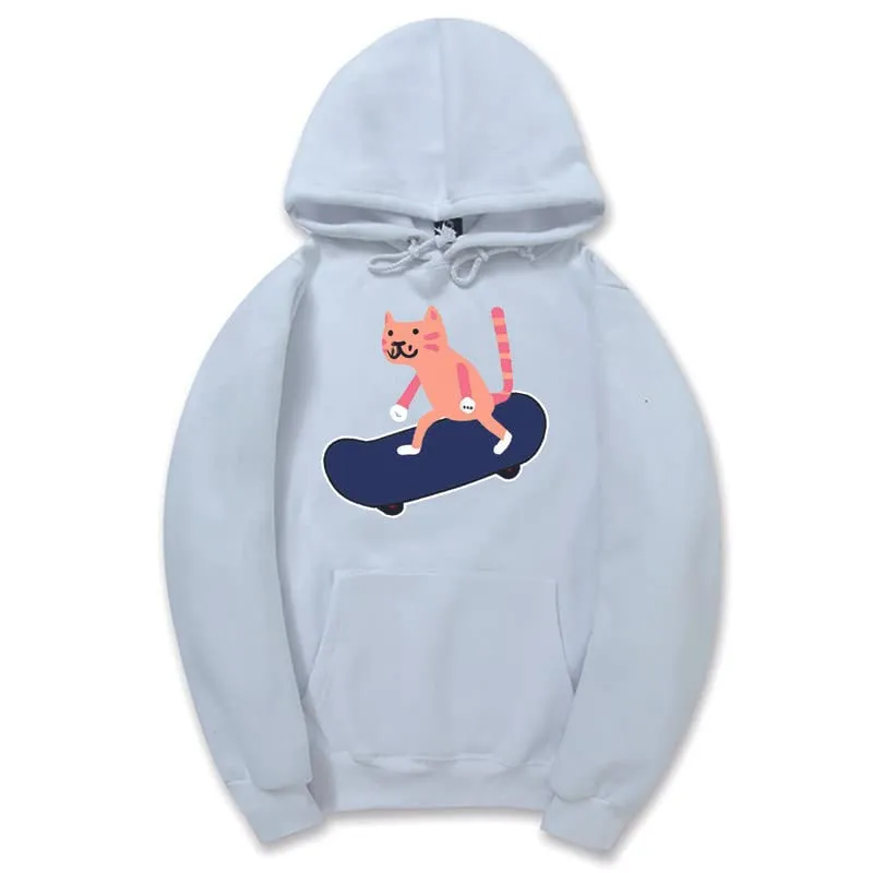 CORIRESHA Unisex Cartoon Skateboard Cat Hoodie Casual Long Sleeve Cozy Cotton Sweatshirt