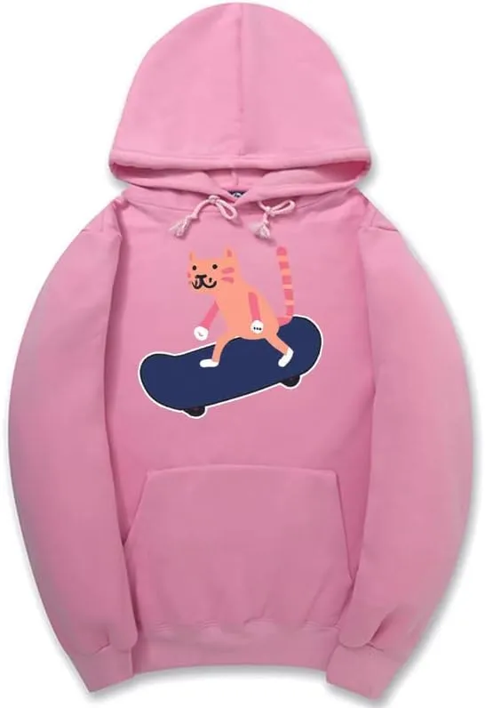 CORIRESHA Unisex Cartoon Skateboard Cat Hoodie Casual Long Sleeve Cozy Cotton Sweatshirt